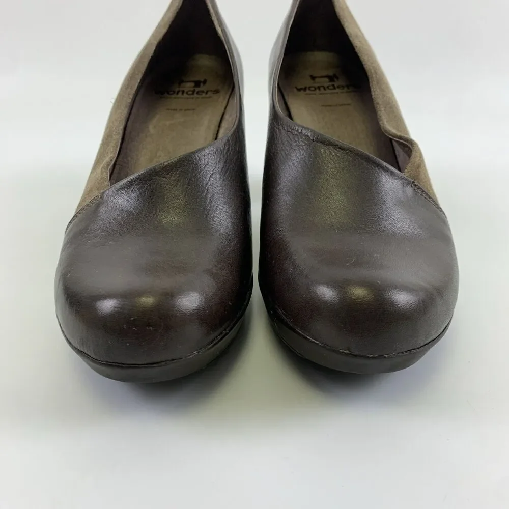 Wonders Leather Pump Slip On Brown Tan Suede Round Toe Block Heel Womens 38 7.5